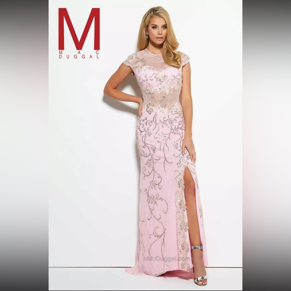 Mac Duggal 1903 Beaded Capsleeve Open Back Gown Ice Pink